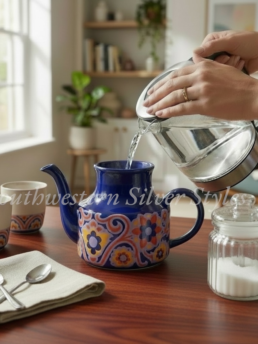 Vintage Collectible Arthur Wood Cobalt Blue Modern Floral Print (5) Cup Tea Pot